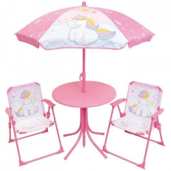 Mobilier de jardin - FUN HOUSE - Salon de jardin Licorne : Table H.46 x 46 cm, 2 chaises pliantes, parasol H.125 x�100 cm